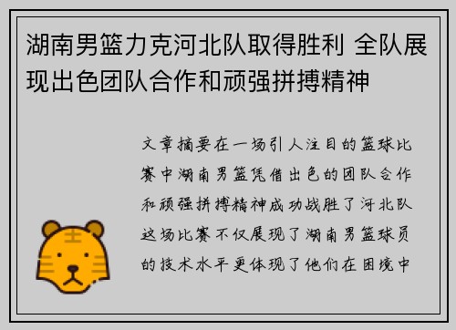 湖南男篮力克河北队取得胜利 全队展现出色团队合作和顽强拼搏精神