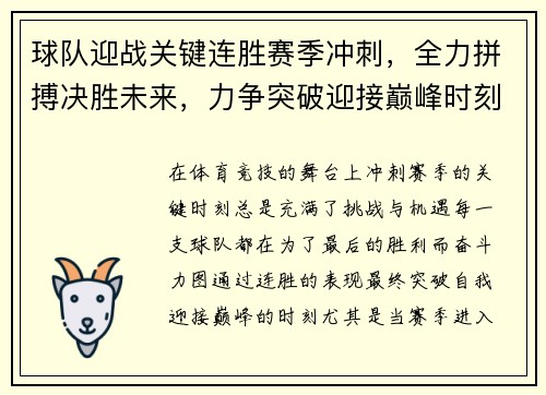 球队迎战关键连胜赛季冲刺，全力拼搏决胜未来，力争突破迎接巅峰时刻