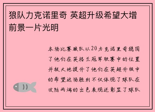 狼队力克诺里奇 英超升级希望大增 前景一片光明