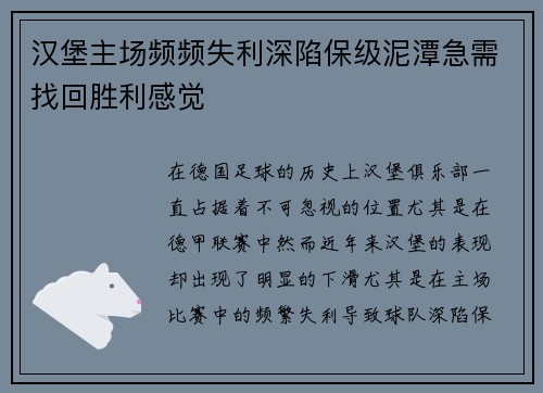 汉堡主场频频失利深陷保级泥潭急需找回胜利感觉