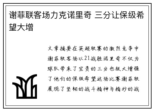 谢菲联客场力克诺里奇 三分让保级希望大增