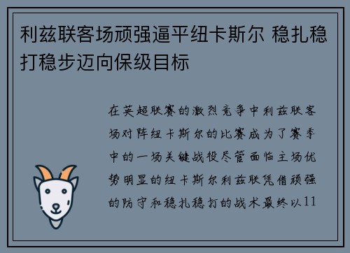 利兹联客场顽强逼平纽卡斯尔 稳扎稳打稳步迈向保级目标