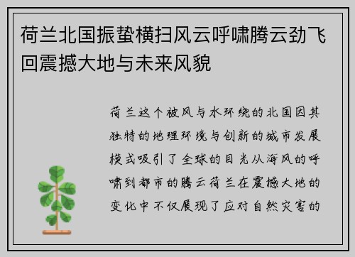 荷兰北国振蛰横扫风云呼啸腾云劲飞回震撼大地与未来风貌