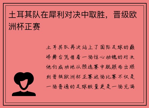 土耳其队在犀利对决中取胜，晋级欧洲杯正赛